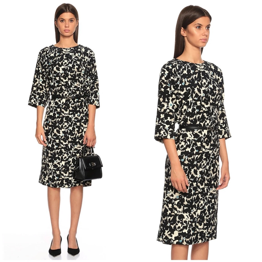 Salvatore Ferragamo Black Abstract 3/4 Sleeve Silk Midi Dress Size 42 (U…